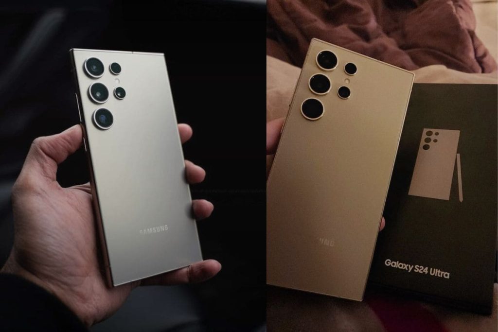 Duas fotos de pessoas segurando o Samsung Galaxy S24 Ultra